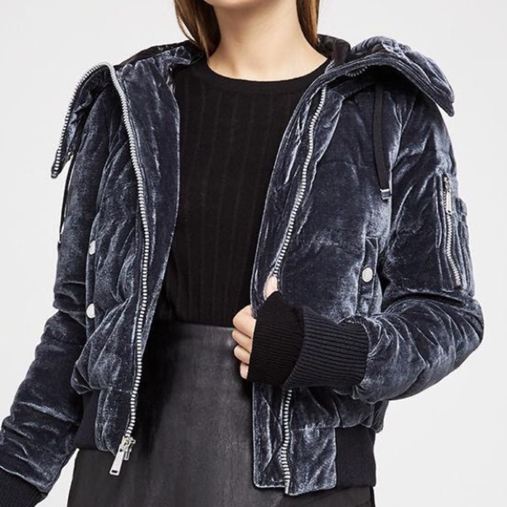 Velvet hooded Bomber Jacket in topaz color. NWT